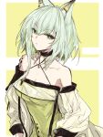  an_fyhx animal_ears arknights black_choker cat_ears choker green_eyes green_hair highres kal&#039;tsit_(arknights) labcoat simple_background white_background yellow_background 