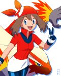  1girl :d bandana bangs bike_shorts_under_skirt blaziken blue_eyes brown_hair collared_shirt commentary_request conejologia eyelashes gloves hand_up highres looking_at_viewer may_(pokemon) medium_hair open_mouth pokemon pokemon_(anime) pokemon_(creature) pokemon_rse_(anime) popped_collar red_bandana red_shirt shirt short_sleeves skirt smile v white_background white_gloves white_skirt 