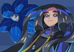  1girl black_hair black_jacket blue_eyes blue_gloves blue_shirt closed_mouth commentary_request eyelashes geeta_(pokemon) glimmora gloves highres jacket long_hair long_sleeves looking_down neck_ribbon pokemon pokemon_(creature) pokemon_(game) pokemon_sv ribbon shirt smile sutokame yellow_ribbon 