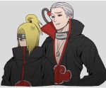  2boys :d akatsuki_uniform anger_vein angry bangs black_coat blonde_hair blue_eyes coat deidara_(naruto) forehead grey_hair grin hair_over_one_eye headband hidan_(naruto) highres jewelry long_hair long_sleeves male_focus multiple_boys naruto_(series) naruto_shippuuden necklace ninja qvopw red_eyes short_hair smile teeth upper_body 