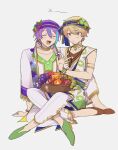  2boys armlet blonde_hair blush bracelet choker closed_eyes closed_mouth colored_eyelashes commentary_request crossed_legs ear_piercing food fruit fruit_hat_ornament full_body gold_choker gradient_hair grape_hat_ornament grapes highres holding holding_food holding_fruit jewelry kamishiro_rui kiwi_(fruit) knee_up long_sleeves male_focus mokux_(mo_ku) multicolored_hair multiple_boys necklace open_mouth orange_(fruit) orange_hair piercing pointy_footwear project_sekai purple_hair short_hair sitting sitting_on_lap sitting_on_person sleeveless streaked_hair tenma_tsukasa watermelon watermelon_slice white_background 