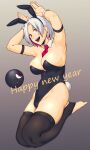  1girl :d absurdres animal_ears armband between_breasts black_leotard black_thighhighs breasts bunny_pose chinese_zodiac dyun fake_animal_ears fake_tail full_body gradient_background grey_background grey_hair happy_new_year highleg highleg_leotard highres large_breasts leotard looking_at_viewer mole mole_under_mouth multicolored_hair necktie necktie_between_breasts original rabbit_ears rabbit_tail red_eyes red_necktie short_hair smile solo stirrup_legwear strapless strapless_leotard streaked_hair tail thighhighs toeless_legwear year_of_the_rabbit 