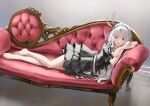  1girl absurdres armchair bangs barefoot black_bow black_dress black_hairband blue_eyes bow chair collared_shirt dress fangs feet frilled_dress frills full_body gothic hairband heterochromia highres kokemomo_co long_hair looking_at_viewer luminous_valentine lying on_chair on_side open_mouth pale_skin red_eyes shirt short_sleeves simple_background solo tensei_shitara_slime_datta_ken toes vampire white_hair 