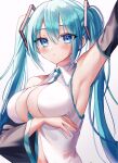  1girl aqua_hair arm_up armpits bangs between_breasts blue_eyes blue_necktie blush breast_hold breasts collared_shirt detached_sleeves english_commentary expressionless eyes_visible_through_hair hair_between_eyes hair_ornament hannahkwok4 hatsune_miku highres large_breasts long_hair looking_at_viewer necktie necktie_between_breasts open_clothes open_shirt parted_lips shirt sidelocks simple_background sleeveless sleeveless_shirt solo sweat sweatdrop twintails upper_body very_long_hair vocaloid white_background 