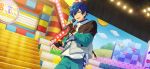  1boy bangs blue_hair cloud ensemble_stars! eyes_visible_through_hair fingerless_gloves gloves green_pants hair_between_eyes happy_elements high_collar holding holding_microphone jacket light long_sleeves male_focus microphone official_art open_mouth pants polka_dot sazanami_jun short_hair solo stage_lights star_(symbol) third-party_source yellow_eyes 