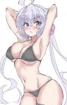  1girl absurdres ahoge armpits arms_behind_head bikini black_bikini blush breasts closed_mouth collarbone freedom_xdrive hair_ornament hair_scrunchie highres large_breasts long_hair looking_at_viewer navel purple_eyes purple_hair scrunchie senki_zesshou_symphogear simple_background solo sweat swimsuit twintails white_background yukine_chris 