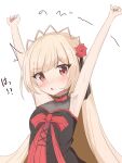  !? 1girl armpits arms_up blonde_hair blush breasts choker ecute flower frilled_choker frills hair_flower hair_ornament highres jashin-chan_dropkick long_hair looking_at_viewer open_mouth qvertwt red_eyes rose simple_background small_breasts solo upper_body white_background 