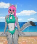  absurd_res anthro anya_(atlas_jkb) atlas_jkb bikini blue_eyes claws clothing cloud countershading dipstick_tail domestic_cat eyewear felid feline felis female fluffy fluffy_tail fur green_clothing grey_body grey_fur hair heart_sunglasses hi_res mammal markings outside pink_hair sea shaded sitting smile solo striped_body stripes sunglasses swimwear tail tail_markings wall_(structure) water watermark 