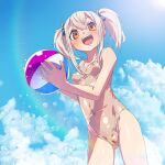  1girl :d ball bangs beachball blue_sky blush breasts brown_eyes cloud cloudy_sky day highres holding holding_ball holding_beachball looking_at_viewer navel nipples one-piece_swimsuit original pussy see-through_swimsuit shiny_swimsuit sky small_breasts smile solo sunlight swimsuit thighs twintails uncensored water_drop wet wet_lens white_hair yamada_(gotyui) 