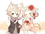  &gt;_&lt; 1boy 1girl ^_^ animal_ear_fluff animal_ears antenna_hair artist_name black_jacket black_kimono blush brown_hair cat_boy cat_ears cat_girl cat_tail checkered_sash chopsticks closed_eyes flower flower_knot food frilled_kimono frills fur_collar green_eyes grey_hakama grey_scarf hair_bun hair_flower hair_ornament hakama haori jacket japanese_clothes kimono long_sleeves mochi mochi_trail new_year obi obiage obijime open_mouth original paw_print pink_kimono red_flower red_sash sash scarf shironappa shiruko_(food) short_kimono tail tassel tassel_hair_ornament w_arms wide_sleeves yuruneko_danshi yuruneko_joshi 