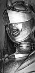  1girl armor fake_horns fangs full_armor greyscale helm helmet highres horned_helmet horns monochrome open_mouth original portrait solo tongue tongue_out visor_(armor) visor_lift wassnonnam 