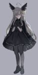  1girl ahoge ankle_boots black_cape black_dress black_footwear black_gloves boots cape closed_mouth dress full_body gloves grey_background grey_hair grey_pantyhose hair_over_one_eye head_wings highres long_hair looking_at_viewer migihidari_(puwako) one_eye_covered original own_hands_together pantyhose rapute_(migihidari) simple_background solo very_long_hair yellow_eyes 