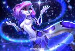  anthro blue_hair breasts felid female fur glowing grey_body grey_fur hair kiliankuro looking_up magic mammal pantherine pink_hair purple_body purple_fur red_eyes sinclair_(mavis_delcat) small_breasts smile snow snow_leopard snowflake snowing solo sparkles 