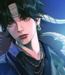  1boy bangs belt black_hair black_undershirt blue_shirt brown_eyes chain_necklace chrollo_lucilfer collared_shirt earrings highres hunter_x_hunter jewelry lips looking_at_viewer male_focus necklace parted_bangs phoneafrog shirt solo twitter_username 