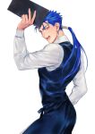  1boy apron black_vest blue_hair cu_chulainn_(fate) cu_chulainn_(fate/stay_night) fate/grand_order fate_(series) highres holding k29 long_hair long_sleeves looking_at_viewer male_focus open_mouth ponytail red_eyes shirt simple_background teeth vest waiter white_background white_shirt 