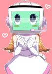  1girl alt_(pop&#039;n_music) blush blush_stickers breasts brown_hair dress elbow_gloves gloves headphones headset heart long_hair m_no_hito medium_breasts mouse_(computer) object_head pink_background pop&#039;n_music robot robot_girl simple_background smile solo white_dress white_gloves 
