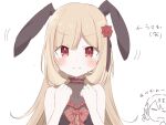  1girl animal_ears bare_shoulders blonde_hair blush chinese_zodiac choker closed_mouth ecute fake_animal_ears flower frilled_choker frills hair_flower hair_ornament highres jashin-chan_dropkick long_hair looking_at_viewer qvertwt rabbit_ears red_eyes rose simple_background smile upper_body v white_background year_of_the_rabbit 