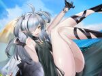  1girl :d ahoge arknights arm_up bare_legs black_dress black_gloves blue_sky cloud commentary_request crocodilian_tail day dress eugle_na feet_out_of_frame gloves grey_hair hair_over_one_eye hand_up highres large_tail long_hair looking_at_viewer multiple_girls open_mouth partial_commentary sky sleeveless sleeveless_dress smile solo tail thighs tomimi_(arknights) two_side_up yellow_eyes 