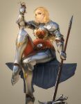  1girl absurdres armor blonde_hair blue_eyes breastplate closed_mouth cup gauntlets greaves hair_slicked_back hammer highres holding holding_cup holding_hammer holding_weapon invisible_chair looking_at_viewer narrow_waist original pauldrons shoulder_armor simple_background sitting smile solo toast_(gesture) waist_cape wassnonnam weapon yellow_background 