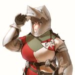 1girl absurdres borrowed_character breasts brown_eyes closed_mouth gambeson gauntlets helm helmet highres huge_breasts original simple_background solo visor_(armor) visor_lift wassnonnam white_background 