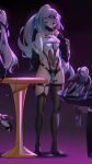  2girls absurdres asymmetrical_legwear ball_gag bare_shoulders black_thighhighs breasts bronya_zaychik bronya_zaychik_(herrscher_of_truth) covered_navel dildo_under_panties full_body gag ginklaga grey_eyes grey_hair hair_between_eyes highleg highres honkai_(series) honkai_impact_3rd long_hair long_legs looking_at_viewer mask mouth_mask multiple_girls no_shoes pink_pupils ponytail pussy_juice skindentation small_breasts solo solo_focus thighhighs very_long_hair 