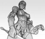  1girl absurdres bell boobplate closed_mouth from_below greyscale highres holding holding_sword holding_weapon inverted_nipples jingle_bell looking_at_viewer monochrome nipple_piercing original ornate_armor panties piercing scar scar_on_face solo standing sword underwear wassnonnam weapon 