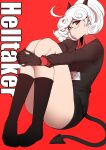  1girl ass black_footwear black_gloves black_horns black_jacket black_skirt chemical-x demon_girl demon_horns demon_tail gloves helltaker horns jacket pandemonica_(helltaker) red_background red_eyes red_shirt round_eyewear shirt sitting skirt tail thighs white_hair 