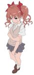  1girl blush breasts brown_eyes brown_hair closed_mouth fujikawa_daichi full_body grey_skirt hair_ribbon looking_at_viewer miniskirt ribbon school_uniform shirai_kuroko simple_background skirt small_breasts solo toaru_kagaku_no_railgun toaru_majutsu_no_index twintails white_background 