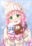  1girl :d akira_ituki bangs brown_eyes brown_scarf coat gloves guvava hat head_tilt long_hair macross macross_7 mylene_jenius open_mouth pink_gloves pink_hair plaid plaid_scarf scarf smile snowflakes solo upper_body white_coat white_headwear winter winter_clothes winter_coat 