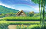  absurdres architecture bamboo cloud cloudy_sky commentary day east_asian_architecture fence field flower highres house mountain no_humans original outdoors path rain rainbow real_world_location satoshy scenery sky sunflower tree village yellow_flower 