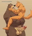  2023 absurd_res anthro balls bear black_nose blush canid canine canis domestic_dog duo erection genitals hi_res jumperbear kemono male male/male mammal overweight overweight_male penis simple_background 
