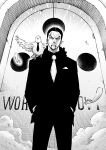  1boy 1other bird black_hair english_text evil_smile formal greyscale hattori_(one_piece) highres itou_shin&#039;ichi looking_at_viewer medium_hair monochrome necktie one_piece pigeon ponytail rob_lucci smile solo standing suit 