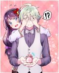  !? 1boy 1girl black_hair blue_eyes blush bow closed_eyes collared_shirt couple delicious_party_precure dress_shirt grey_hair grey_shirt hair_bow hairband highres kasai_amane kyoutsuugengo long_hair long_sleeves nail_polish narcistoru open_mouth pink_background pink_nails plaid plaid_background precure purple_bow red_bow shirt short_hair speech_bubble sweatdrop upper_body vest white_vest wing_collar yellow_hairband 