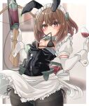 1girl alternate_costume apron black_bra black_leotard black_panties black_pantyhose blush bottle bra breasts brown_eyes brown_hair crossbow cup drinking_glass elbow_gloves enmaided frilled_apron frills gloves headgear highres holding holding_crossbow holding_cup holding_weapon kantai_collection kasashi_(kasasi008) leotard maid maid_apron mouth_hold panties pantyhose puffy_short_sleeves puffy_sleeves short_hair short_hair_with_long_locks short_sleeves shrug_(clothing) side-tie_panties sidelocks small_breasts solo strapless strapless_leotard taihou_(kancolle) thighband_pantyhose underwear waist_apron weapon white_apron white_gloves wine_bottle wine_glass 