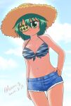  1girl animal_print asano_kazunari bikini bikini_top_only breasts commentary_request cowboy_shot cutoffs dated denim denim_shorts eyepatch front-tie_bikini_top front-tie_top green_eyes green_hair hand_on_hip hat highres kantai_collection kiso_(kancolle) kiso_kai_ni_(kancolle) medium_breasts official_alternate_costume short_hair shorts solo straw_hat sun_hat swimsuit tiger_print two_side_up white_bikini 