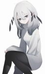  1girl absurdres antennae black_pantyhose clenched_teeth grey_eyes grey_hair grey_sweater highres invisible_chair long_hair long_sleeves looking_at_viewer migihidari_(puwako) original pantyhose pointy_ears simple_background sitting solo sweater teeth white_background 