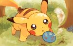  :o berry_(pokemon) brown_eyes commentary_request day fukurai_hanano grass no_humans open_mouth oran_berry outdoors pikachu pokemon pokemon_(creature) solo tree 