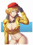  1girl absurdres adjusting_clothes adjusting_headwear artist_name baseball_cap bikini bikini_under_clothes black_gloves blonde_hair blush breasts cidney_aurum cleavage collarbone commentary contrapposto cropped_jacket english_commentary final_fantasy final_fantasy_xv gift_art gloves goggles goggles_around_neck hat highres jacket large_breasts linea_alba navel orange_bikini partially_unzipped pink_lips red_headwear salaiix second-party_source solo standing swimsuit thighs yellow_jacket 