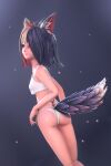  2019 3d_(artwork) animal_humanoid back_markings biggreen blue_hair breasts butt canid canid_humanoid canine canine_humanoid clothing digital_media_(artwork) feathers female fluffy fluffy_tail fox_ears fox_humanoid hair hi_res humanoid looking_back mammal mammal_humanoid markings multicolored_hair not_furry panties r&#039;shiru_oddmane rear_view red_hair slim small_breasts solo tail tail_feathers underwear young 