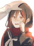  1girl 1other bangs black_sailor_collar black_serafuku blurry brown_eyes brown_hair clenched_hand comforting crying crying_with_eyes_open enpera fingernails hair_between_eyes hair_ornament hairclip hand_on_another&#039;s_head hand_on_own_face kagerou_project long_sleeves looking_at_viewer mekakucity_actors neckerchief out_of_frame parted_lips petting red_scarf sailor_collar scarf school_uniform serafuku shunu_tabetai simple_background sketch solo_focus tateyama_ayano tears teeth upper_body upper_teeth_only white_background white_neckerchief wiping_tears 