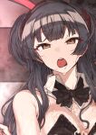  1girl animal_ears bangs bare_shoulders black_hair blush bow bowtie breasts brown_eyes bukkake cleavage cum cum_on_body cum_on_breasts detached_collar empty_eyes erere fake_animal_ears idolmaster idolmaster_shiny_colors long_hair lying mayuzumi_fuyuko on_back open_mouth playboy_bunny rabbit_ears solo sweat teeth tongue tongue_out two_side_up variant_set 