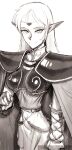  1girl armor boobplate breastplate cape circlet closed_mouth deedlit elf greyscale highres long_hair looking_at_viewer monochrome pauldrons pointy_ears record_of_lodoss_war shoulder_armor simple_background skirt smile solo wassnonnam white_background 