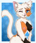  anthro areola black_body black_fur blue_eyes breasts calico_cat clubs_(suit) delilah_delcat diamonds_(suit) domestic_cat felid feline felis female fur heart_suit hi_res looking_at_viewer mammal medium_breasts multicolored_body nipples one_eye_closed open_mouth orange_body orange_fur pink_nose shirovalen solo spades_(suit) spades_marking suit_symbol white_body white_fur wink 