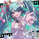  1girl :d absurdres bangs blue_eyes blue_hair crown detached_sleeves dress floating_hair flower hair_between_eyes hair_flower hair_ornament hatsune_miku highres holding holding_microphone_stand katorea long_hair long_sleeves microphone_stand open_mouth sleeveless sleeveless_dress smile solo upper_body very_long_hair vocaloid white_dress white_flower white_sleeves 