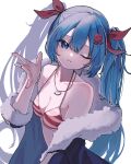  1girl absurdres bikini blue_coat blue_eyes blue_hair bow breasts cleavage coat collarbone fish_pendant floating_hair fur-trimmed_coat fur_trim hair_bow hatsune_miku head_tilt highres katorea long_hair looking_at_viewer octopus_hair_ornament one_eye_closed open_clothes open_coat parted_lips red_bow simple_background small_breasts solo striped striped_bikini swimsuit twintails upper_body very_long_hair vocaloid white_background 