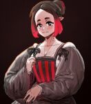  1girl absurdres black_eyes borrowed_character brown_background closed_mouth corset dress eleanor_(justadrian) gown hair_bun highres looking_at_viewer medieval original pointy_ears red_hair single_hair_bun solo wassnonnam 