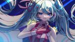  1girl :d absurdres blue_eyes blue_hair floating_hair gloves hair_ribbon hatsune_miku highres katorea long_hair looking_at_viewer necktie open_mouth pink_gloves pink_necktie pink_ribbon ribbon smile solo twintails upper_body very_long_hair vocaloid wing_collar 