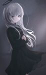  1girl absurdres black_dress closed_mouth cross cross_necklace dress grey_background grey_eyes grey_hair halo highres jewelry long_hair long_sleeves looking_at_viewer migihidari_(puwako) necklace original own_hands_together solo 