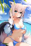  1girl absurdres ahoge animal_ear_fluff animal_ears bangs beach bikini blue_bikini blush braid breasts cloud cloudy_sky commentary_request day double_fox_shadow_puppet dutch_angle fox_ears fox_girl fox_shadow_puppet fox_tail green_eyes hair_between_eyes highres hololive long_hair looking_at_viewer medium_breasts ocean open_clothes open_shirt outdoors shirakami_fubuki shirt sidelocks single_braid sitting sky smile solo striped striped_bikini swimsuit tail takumin_dx virtual_youtuber white_hair white_shirt 