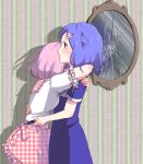  2girls animal_ears blue_dress blue_hair blush boxcutter broken_mirror dress flower frilled_sleeves frills giggles_(happy_tree_friends) hair_flower hair_ornament hairclip happy_tree_friends hug m_no_hito mirror multiple_girls petunia_(happy_tree_friends) pink_flower pink_hair plaid plaid_skirt shadow short_hair skirt wallpaper_(object) 